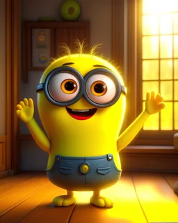 Cute and adorable minion waving and smiling greeting me, unreal engine, cozy interior lighting, art station, detailed digital painting, cinematic, character design by mark ryden and pixar and hayao miyazaki, unreal 5, daz, hyper realistic, rendering octane