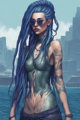 entire body mermaid cyberpunk some fish scales on face indigo hair dreadlock sunglasses