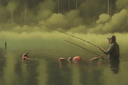 A man is attacked by a mutated monster in sea while he is fishing, cartoon style Simon Stålenhag