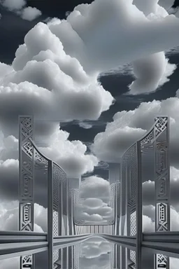 a bridge which has white clouds, in the style of futuristic digital art, grid formations, hall of mirrors, black and gray, photorealistic fantasies, multilayered dimensions, frontal perspective