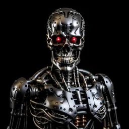 a full-body picture of Terminator, facing the camera, close face shot, open face