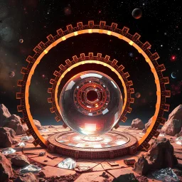 cifi recursive structures ,gears ,torus, crystal spheres in a galaxsy background