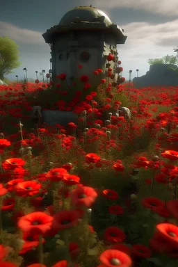 A well surrounded with poppies growing out of a zombie