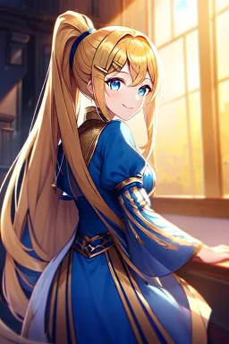 girl, masterpiece, best quality, cinematic lighting, detailed outfit, vibrant colors, perfect eyes, golden hair, long hair, blue eyes, ponytail, indoors, light rays, god rays, smile, hairclip,