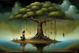 was listening to rain, I was thinkiтg about you..... Reflections with lonely big magical and surreal tree in the style of art from Duy Huyn Esao Andrews Catrin Welz-Stein