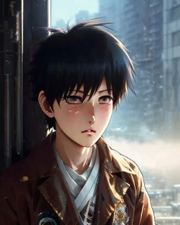 Detailed young anime boy crying, intricate details, full body portrait, keep head in frame, slight, black Japanese motif, concept art, highly detailed, digital painting, concept art, sharp focus, illustration, art by Yoji Shinkawa, WLOP and greg rutkowski and alphonse mucha and artgerm and yanjun Chen and Junji ito and Makoto Shinkai, HDR, octane render