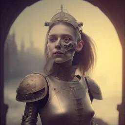 a cute smiling girl with her husband in medieval armor with a tattoo in her face, michelangelo style, steam punk, scary, horror, realistic, made in octane, cinematic, ultra-realistic, extremely detailed octane rendering, 8K, VRAY Super Real ar 2:3, dof photorealistic futuristic 50mm lens hard lighting dark gray tintype photograph, realistic lighting, sephia colors