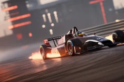 Futuristic formula race car, hovering above track, cyberpunk style, fog