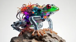 A dynamic view action showcasing the fusion of recursive and Neumorphic elements, depicting a fully fantasy juggernout -frog. Its intricate mechanisms are driven by interlocking tendrils and complex lock embedded throughout its massive resin frame. made of clear resin with rainbow glowing messy head with shiny body. Standing on highest swamp rock
