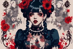 Poster in two gradually, a one side malevolent goth vampire girl face and other side the Singer Melanie Martinez face, full body, painting by Yoji Shinkawa, darkblue and sepia tones, wears a smart shirt which is embroidered with red flowers and ornaments, has dark eyes and horns