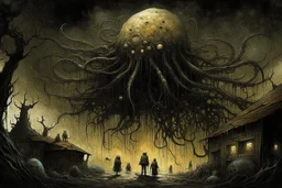 Liminal lovecraftian Abominations, by Pejac and Jim Starlin, warm colors, stylish, unsettling horror art, vestiges of horror, dark shines war, guided by N(t)=N0​⋅e−kt