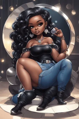 Create a futurism magna art of a black chibi curvy female sitting on the floor looking at herself in a hand mirror. She is wearing tight blue jeans and a black off the shoulder blouse. Prominent make up with lush lashes. Highly detailed long wavy hair. She is also wearing silver large hoop earringsart of a black chibi curvy female sitting on the floor looking at her cell phone. She is wearing tight blue jeans and a black off the shoulder blouse. Prominent make up with lush lashes.