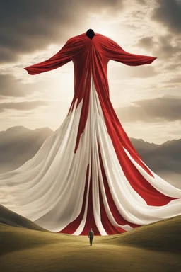 Giant massive huge in stature, majestic entity, hovering and floating over a large field landscape. the entity wears a white and red draped fabric that has printed on the material resembling stars. the fabric has also technological elements. you can see how big it is compared to a tiny human standing in front of it