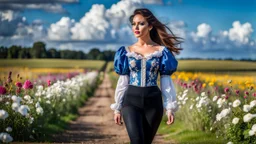 fullbody girl makeup wearing a victorian top and tight pants walking in country side ,flowers ,pretty clouds in blue sky