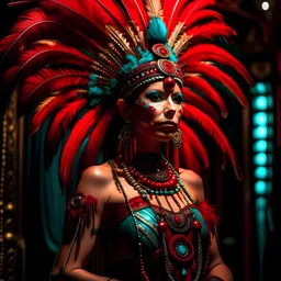 A woman wearing an elaborate Aztec-inspired costume, including a headdress with colorful feathers, a beaded necklace, and a red dress with a high slit. She is standing against a backdrop of ornate Aztec-style carvings and patterns in shades of turquoise and red. The image has a dramatic, cinematic quality with strong lighting and shadows that highlight the intricate details of her costume.