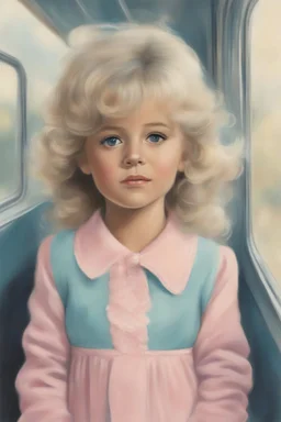 Illustration of actress farrah Fawcett as a toddler, in a train, style of Marcel Marlier, pastel colors