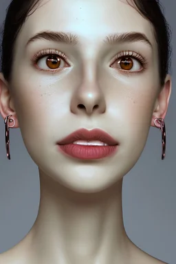 Full-length portrait. Young male-to-female transgender woman ((feminine figure and face)). No female breasts but flat breasts. Medium-length, wavy dark brown hair. Hazel-green eyes. Large Greek nose, right nostril piercing. Smiling, mischievous face; six ring piercings in ears. Turtleneck crop top, low-waisted cargo trousers with visible thong. Mustard yellow trainers.