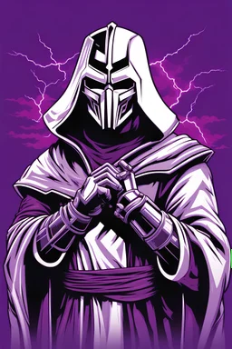 masterpiece, best quality, MF DOOM striking a pose, horror villain, simple logo background, in the style of japanese manga, duotone, professional quality drawing, ultra detailed, joyful lightning, only two colors purple and white with some shades, half body shot