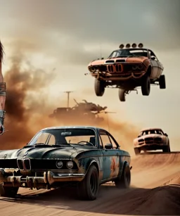 Realistic image. Mad max car. BMW 4 series. woman in the foreground. 4k resolution, intricate details, ornate details, soft lighting, vibrant colors, mad max background