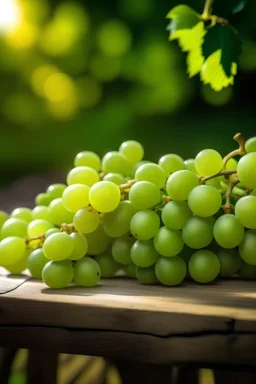 Bunch of white grapes on a wooden table, close-up, in front of a grape garden background