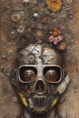 an abstract painting of rusted metal and flowers, by anselm kiefer and lucian freud, rust, scaffolding, iron cladding, decay, mixed media, textured, anatomically correct, beautiful perfect face, sharp focus, highly detailed