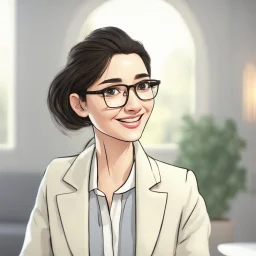 a portrait of smiling woman wearing ivory blazer with white shirt inside. long black hair, messy hair. light skin. black eye pupils. big nose. pear face shape. wearing small rectangle glasses, transparent glasees frame. thick eyebrow. pixar style. 3D. 4k. portrait. highly detailed. sharp focus. high resolution. full color. cinema lighting