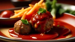 Detailed close up view of meatball serving with tomato, sauce and french fries.