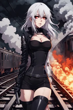 close-up gothic anime girl, white hair, tight outfit with gun on thigh, standing on a train track, smoke and fire surroundings, she is dull and dark, looks determined , train approaching behind her, anime manga style