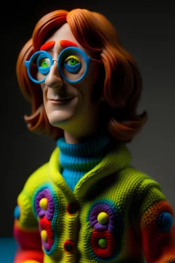 a figurine of a person wearing a sweater, john lennon, inspired by Ron English, made out of wool, high detail iconic character, john lennon, inspired by Wes Wilson, made of wool, toy art, 1968 psychedelic, claymation character, aardman, detailed portrait shot, as a claymation character, insanely super detailed, 3d, 8k, cinematic, complex details