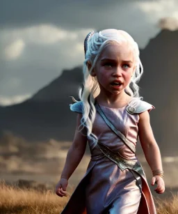 Daenerys Targaryen toddler, full body, dramatic lighting, angry, hyper realistic,