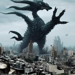 flying kaiju creature with stalked eyes and big mounth designed by zaha hadid destroying a city designed by dr Seuss