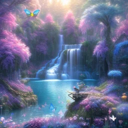 cascata, LAGO BLU, fate, farfalle, SWANN, fiori, alberi in fiore, cielo rosa blu, pieno di dettagli, sole liscio e luminoso ， atmosfera di luce soffusa, effetto luce ， vaporwave colorato, concept art, dettaglio liscio ed estremamente nitido, dettagli finemente sintonizzati, altissima definizione, 8 k, motore irreale 5, messa a fuoco ultra nitida