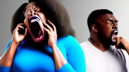 angry black lady screams while talking to Tyrone who is somewhere else laughing at her at the phone