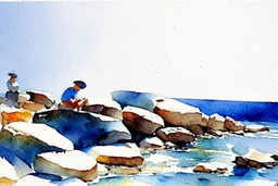 Sunny blue sky, mountains, rocks, winslow homer watercolor paintings