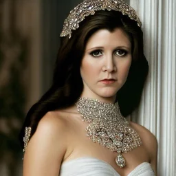 pltn style, beautiful photorealistic carrie fisher, hazered, jeweled veil, tall, slender, long hair, smooth, flawless skin, deep, mysterious eyes, white gown, intricate beading, sparkling jewels, diamonds, rubies, regal, dignified, graceful, fluid, ethereal quality, light steps, roses, jasmine scent, shimmering light, spirit, hope, joy, mortal, extraordinary beauty, charm, mystery, legend, fascination, cute big circular reflective eyes, Pixar render, unreal engine cinematic smooth, intricate