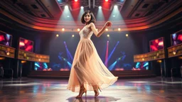 full body shot of a very beautiful tajik lady with makeup and bob hair, wearing a pretty long skirt and heels, dancing gracefully on a modern stage with luxury structure and dynamic color lights.