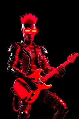 A realistic 4K robot terminator with a red punk crest playing bass, black background, flames all around him.