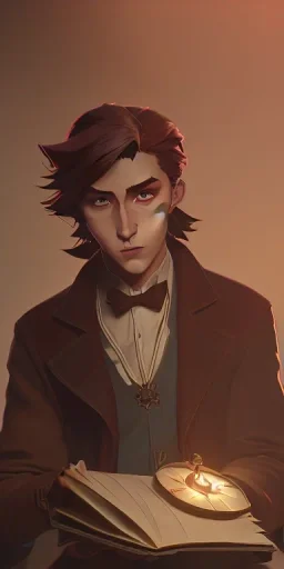 A little handsome brown haired warlock boy with his book of shadows casting a spell by Nick Harris