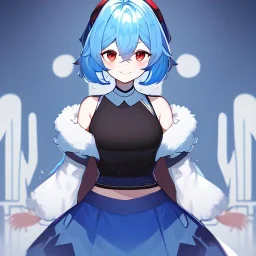 Clear focus, High resolution, rough line art, cute, cartoon, medium blue hair, hair between eyes, fluffy hair, red eyes, wearing a black sleeveless crop top, wearing a white jacket thats of her shoulders, wearing a blue skirt, cutsleeves blue strap and white color, intricately detailed outfit, smiling, 1girl, concept art all views