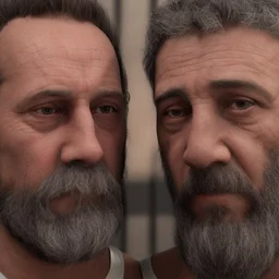 extreme close up photo of two italian prisoners in tank top 40 years old kissing in prison behind bars, chubby, dirty, ugly, bullneck, muscular, short beard, long hairs, manly chest, misery and poverty, emotive eyes, photo 35mm lens, side view, photorealistic, ultradetailed