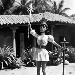 (1960’s stop-motion animation style of las reinas del combate en el suelo in Mexico) She is tied to a stake, her hands above her head, in the governor's villa