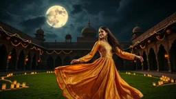 Hyper Realistic Beautiful Young Pashto Woman Wearing A Golden Silk Frock With Detailed Golden Embroidery & Beads Work On It Happily Swirling Inside The Beautiful Courtyard Of A Traditional Mughal Fort Decorated With Lots Of Garland Lights And Traditional Pakistani Lamps Surrounding The Courtyard At Dark Beautiful Night With Cloudy Full Moon On A Green Grass Showing Dramatic And Cinematic Ambiance.