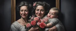 Hyper Realistic framed portrait of a mother carrying her child with flowers & roses around them at night in a dark room