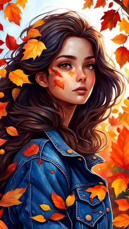 Adorable digital painting style. Amidst the rustling leaves she glides, Autumn girl, beauty undisguised, With dark locks and glowing stare, Denim jacket, autumn's flair. highly detailed, pretty face, fantasy art, digital art, colored ink, 4k, vibrant colors, dream, correct face structure, correct anatomy