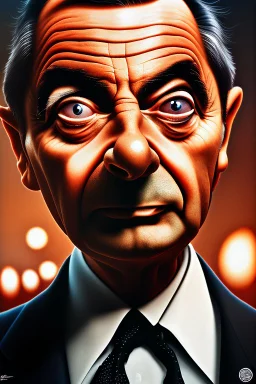 mr bean as the mafia godfather, concealed weapon, 4k, trending art, weird perspective, realism, spray paint, detailed