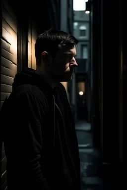 man in dark clothing, hiding around a corner., looking out on a brightly lit street