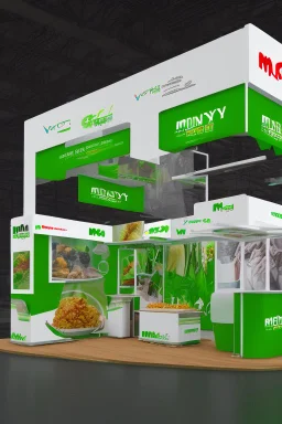 Corner green exhibition stand of a food company with product displays and a meeting area