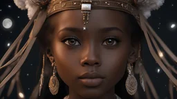 little young Zulu girl, peaceful, gentle, confident, calm, wise, facing camera, head and shoulders, traditional Zulu costume, perfect eyes, exquisite composition, night scene, fireflies, moon, stars, beautiful intricate insanely detailed octane render, trending on artstation, 8k artistic photography, photorealistic concept art, soft natural volumetric cinematic perfect light, chiaroscuro, award-winning photograph, masterpiece, Raphael, Caravaggio, Bouguereau, Alma-Tadema