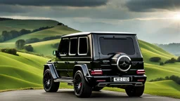 A (((G-class hypercar Body))) with its sleek,, featuring a bold, menacing grille and powerful lines, evoking a harmonious balance between sophistication and muscle, against a backdrop of verdant hills at noon, ideal for a dynamic desktop wallpaper
