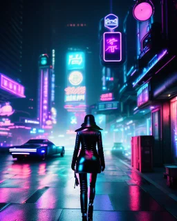 dust woman disappearing from the back dissapearing silhouetted by neon lights facing night futuristic city in photorealistic style, cyberpunk, ice blue neon signs, street level view, raytracing, depth of field, cinematic, highly detailed, rim lighting